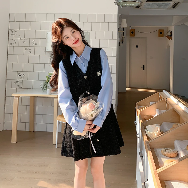 法式气质小香风套装裙女2025早春新款富家千金衬衫背心裙子两件套