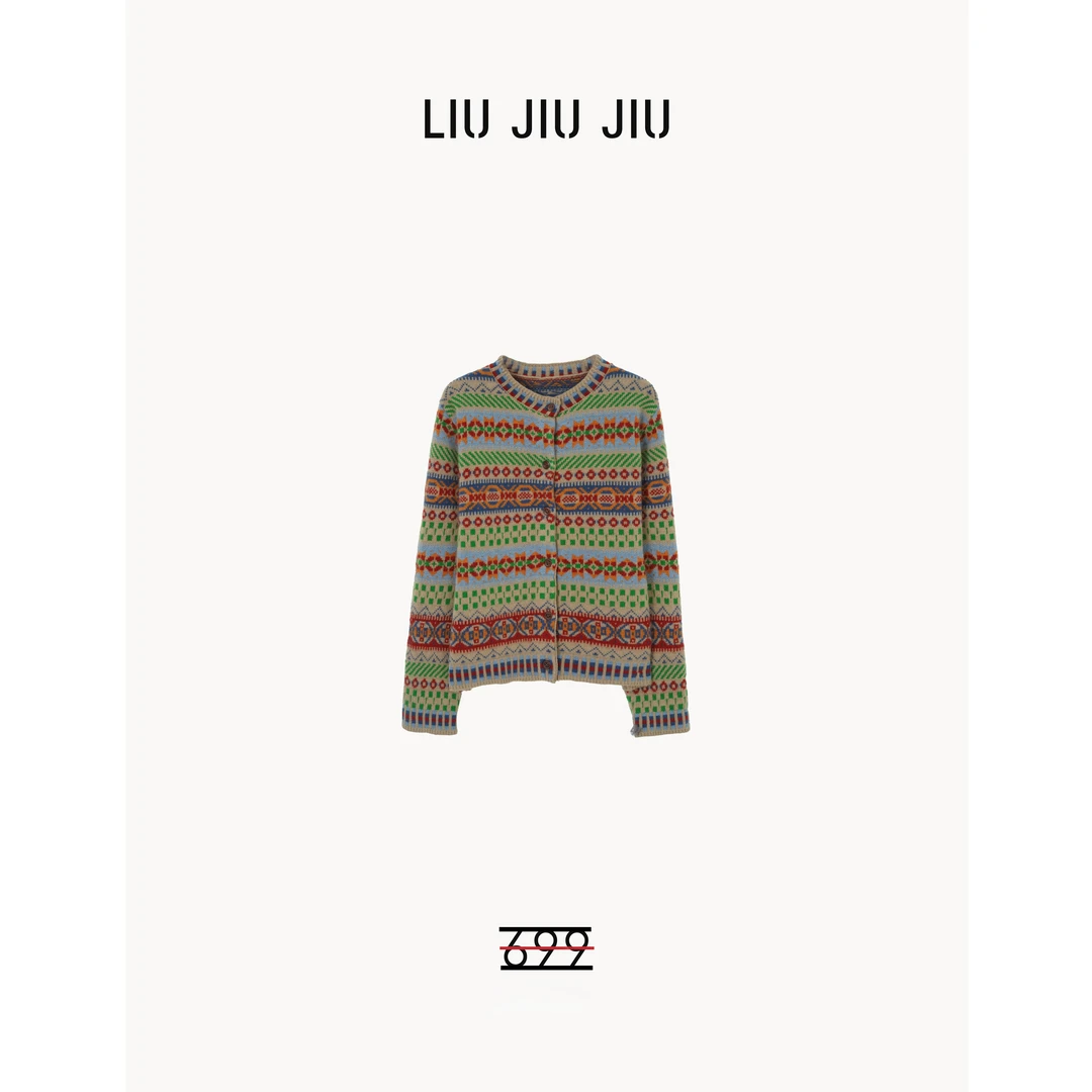 LIUJIUJIU 复古长袖菱格设计师小众糖果多巴时尚圆领上衣SY2970L
