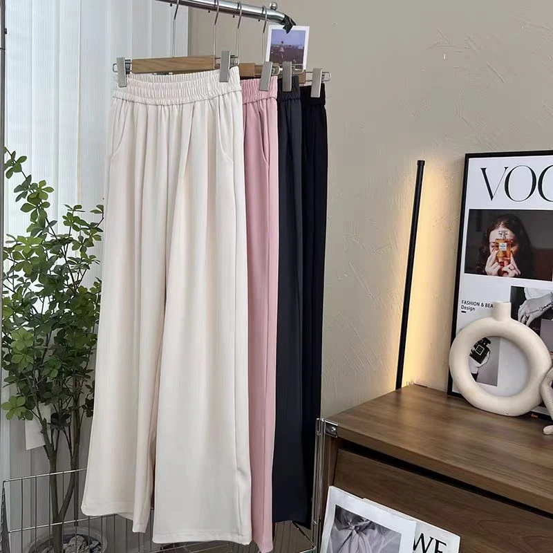 8863款直筒休闲裤松紧腰口袋夏季显瘦高腰百搭裤子女夏