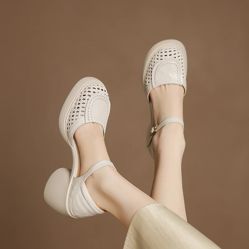 羊皮/8cm/百搭夏季真皮厚底洞洞鞋镂空粗跟增高洞洞鞋外穿凉鞋女