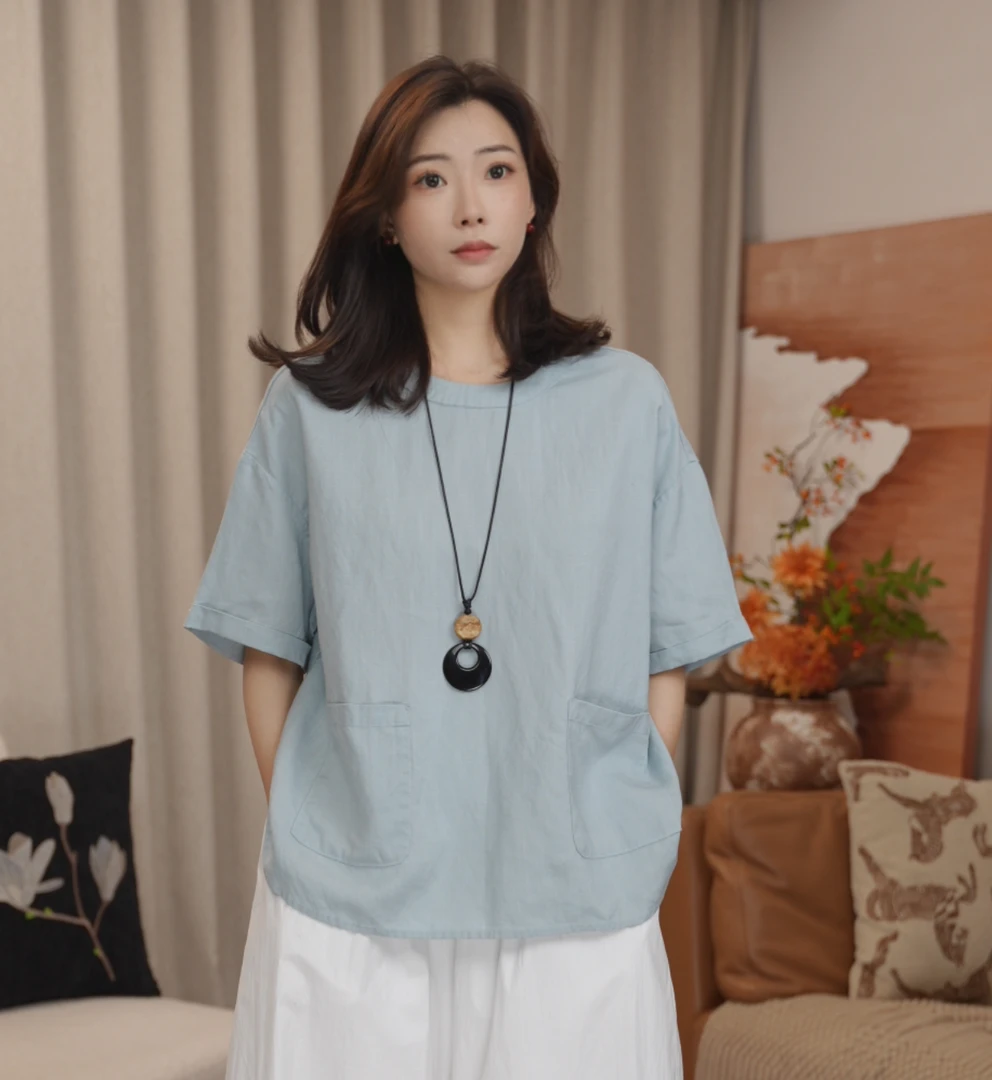 【特价清】“麻意”夏天阔版双口袋短袖T恤宽松男女款休闲百搭CZ2511