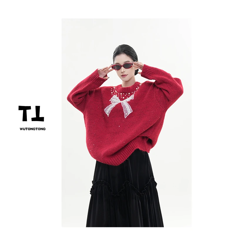 吴童童现货【珍珠信语】冬季钉珠毛衣女百搭翻领针织上衣61804