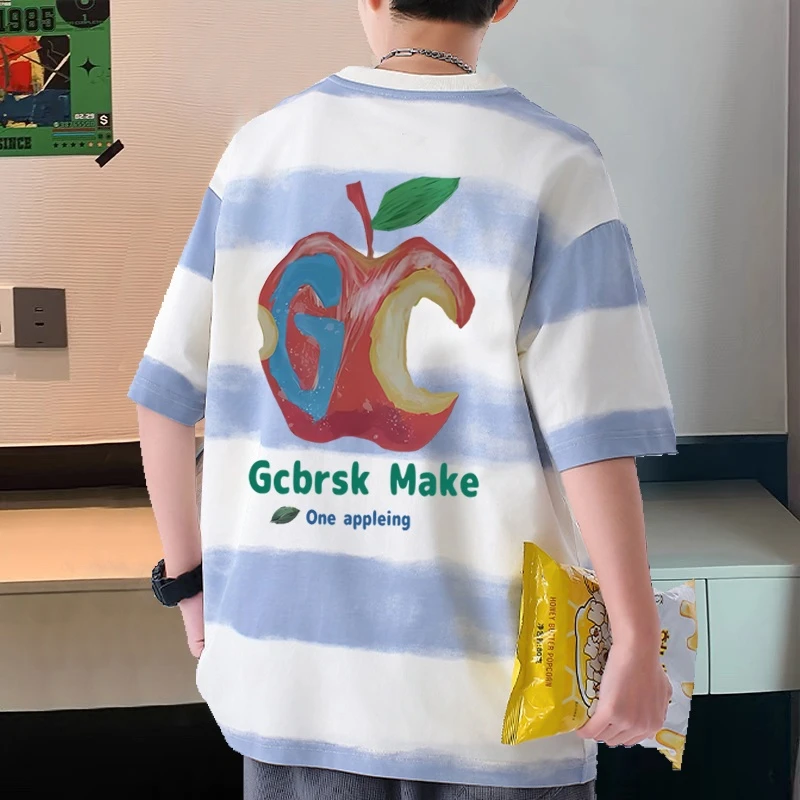 潮牌扎染纯棉条纹短袖t恤男装潮流美式休闲宽松印花半袖学生上衣