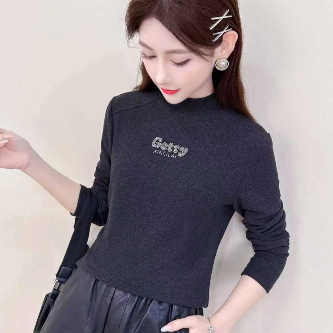 8610#【衣长55】磨毛半高领长袖T恤女秋冬内搭显瘦修身打底衫气质
