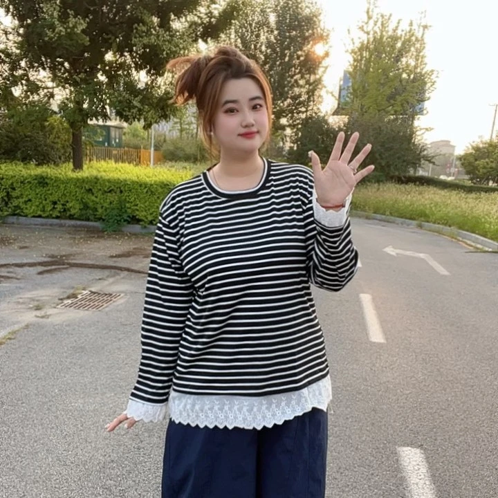 圆领休闲常规款常规针织T恤条纹拼接假长袖韩版6121
