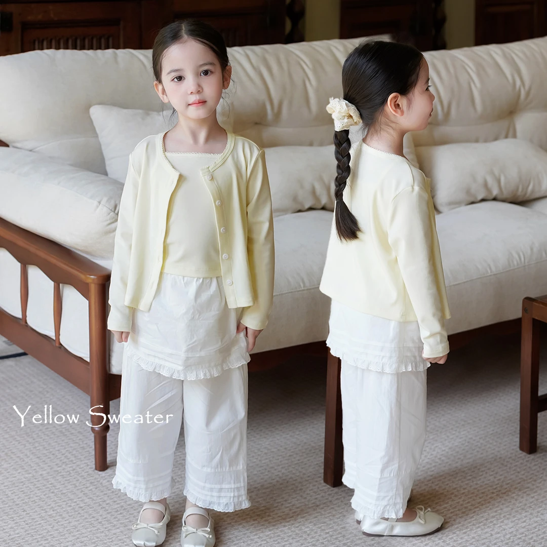 AnnieGirl夏季新款莱赛尔天丝开衫女童纯色百搭上衣吊带套装2025
