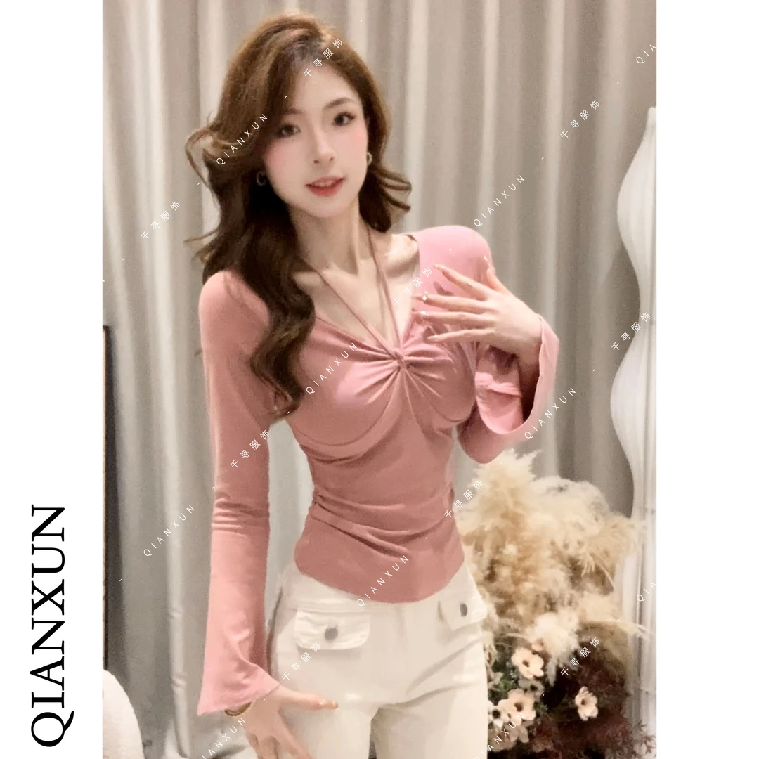 千寻家 纯欲风性感V领系带喇叭袖T恤女秋季新款修身显瘦辣妹上衣