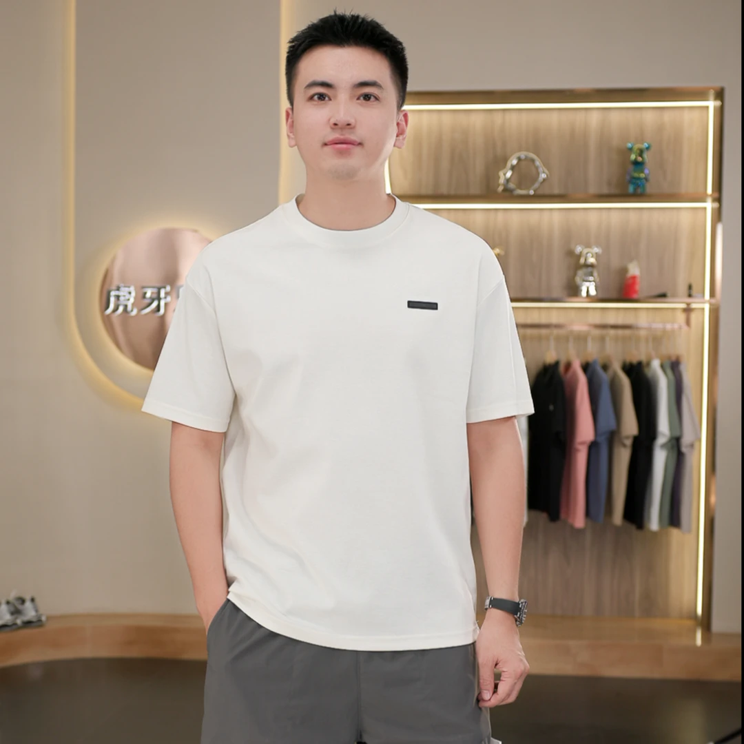 虎牙兄弟夏季百搭美式复古透气运动休闲小标纯色圆领短袖男士K525