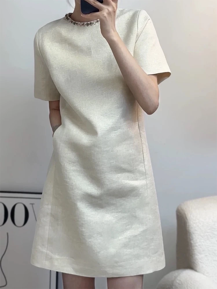 亚麻重工钉珠金线无袖连衣裙女2025夏季新款高品质背心裙
