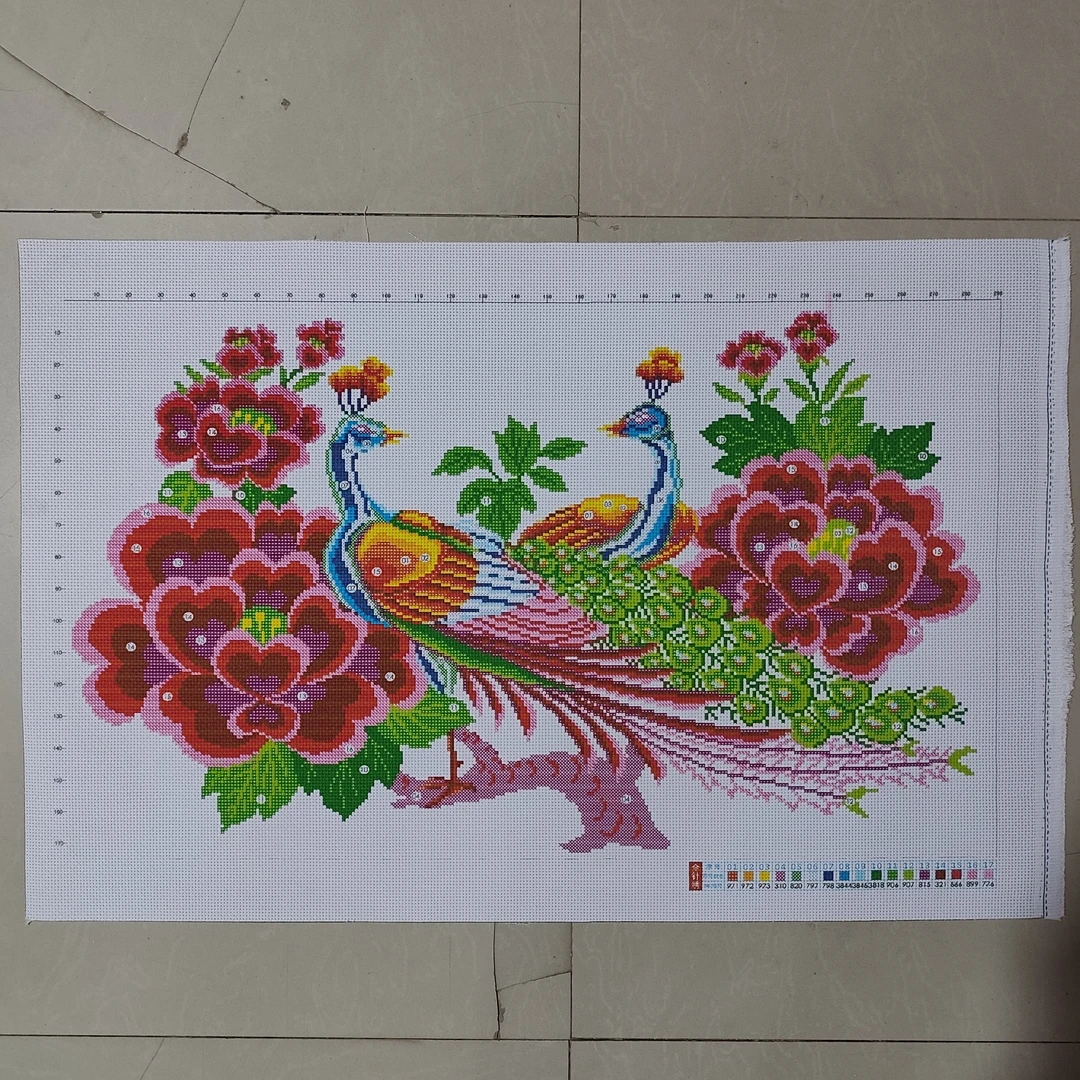 纯手工十字绣成品花开富贵孔雀牡丹中式客厅装饰挂画