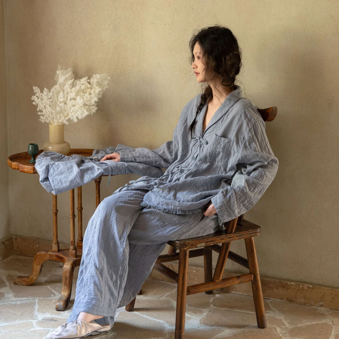 族玛士春秋季睡衣女士纯棉纱布新中式刺绣长袖长裤蓝色套装家居服