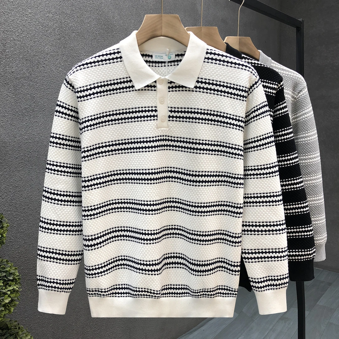 郎的流行条纹翻领毛衣男潮牌薄款针织衫2025年秋冬季新款套头线衣