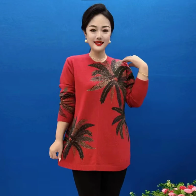 H秋季经典中年妈妈针织衫女宽松加大码印花毛衣遮肚长袖打底衫