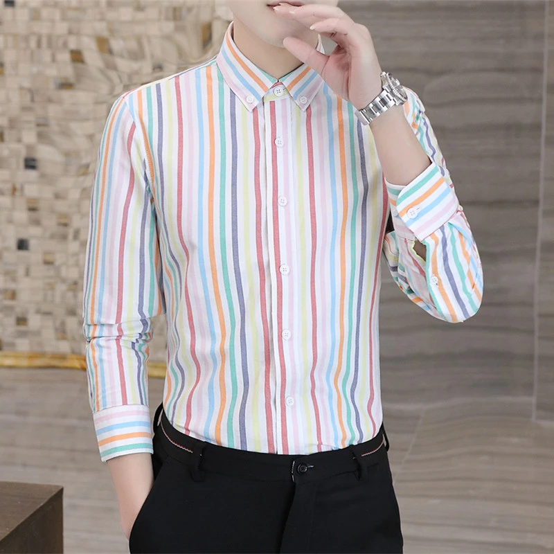 彩色竖条纹衬衫男长袖春秋季韩版潮流百搭衬衣男士休闲寸衫潮流