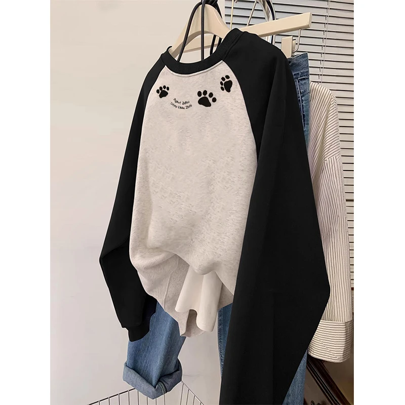 美式卫衣女小个子2025新款秋冬加绒薄款宽松大码胖mm圆领无帽上衣