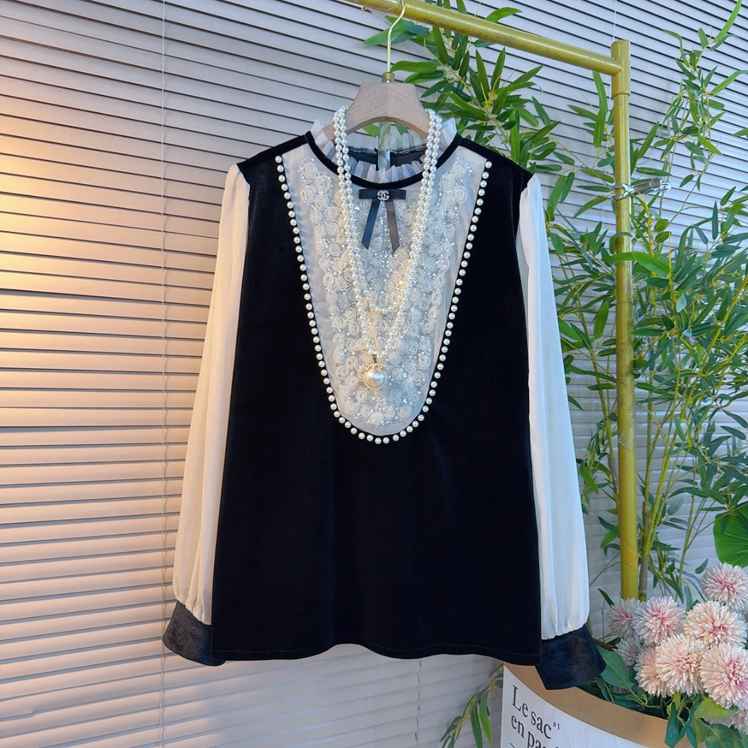 1516胖mm时尚名媛风木耳花边甜美减龄设计感立体花朵订珠丝绒衫