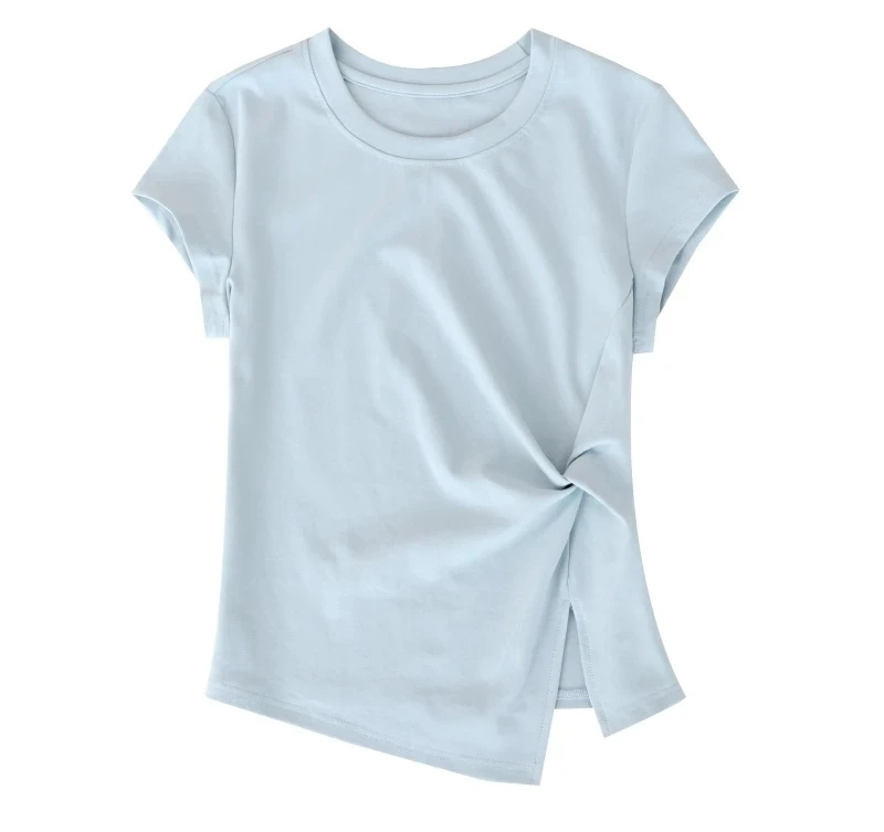 女夏不规则T恤抽褶下摆开叉2025夏季新款纯色显瘦遮肉洋气短袖