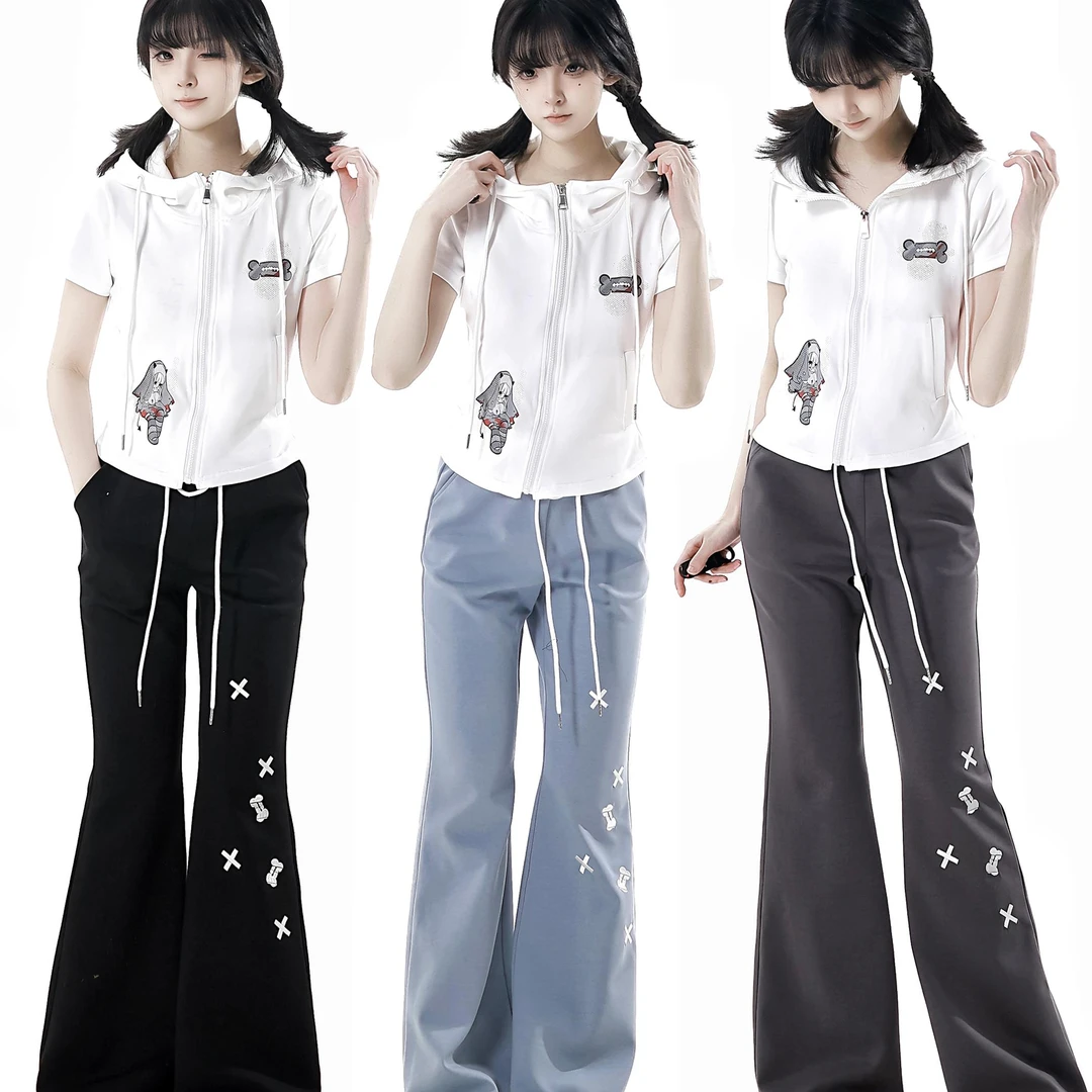 PINKSAVIOR【骨骨怪界】微喇刺绣高腰显瘦三色春夏女弹力长腿裤