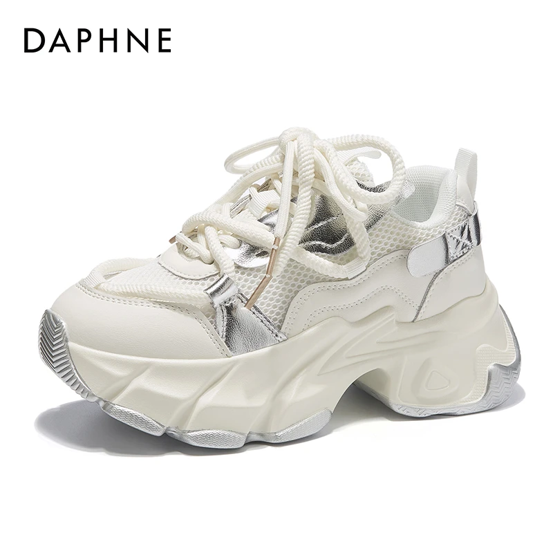 Daphne/达芙妮银色老爹鞋2025秋季气质女鞋厚底透气网鞋百搭潮鞋