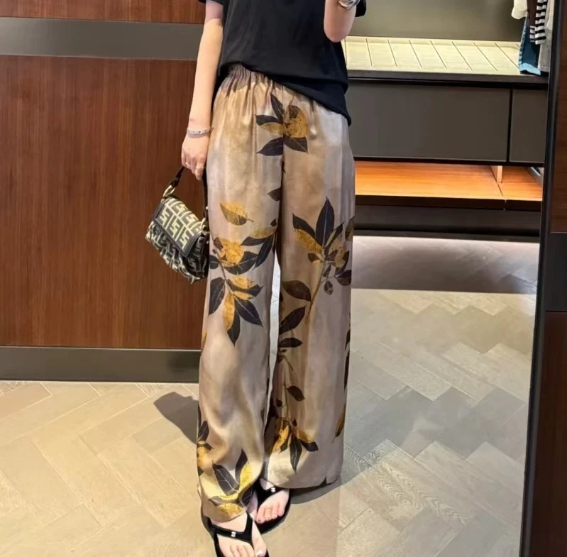 金树叶裤子外出家居裤夏季薄款睡裤九分长裤加大码宽松休闲棉绸