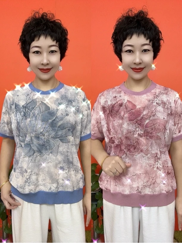 圆领荷花压钻妈妈短袖