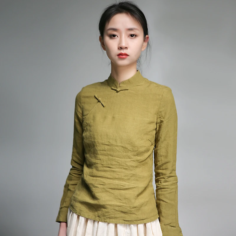 6403亚麻改良民国新中式旗袍领长袖内搭衫上衣有腰身茶服女