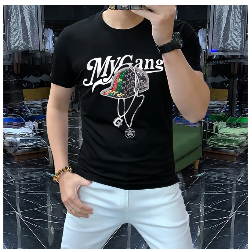 【第七季JY】2023新款潮欧货短袖T烫钻帽子男装半袖圆领衫舒适透气