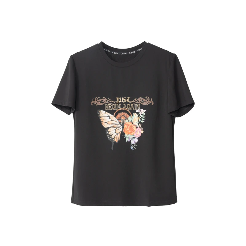 【谢心言】她翼春季T恤圆领印花短袖蝴蝶百搭休闲T恤衫CH3222361355