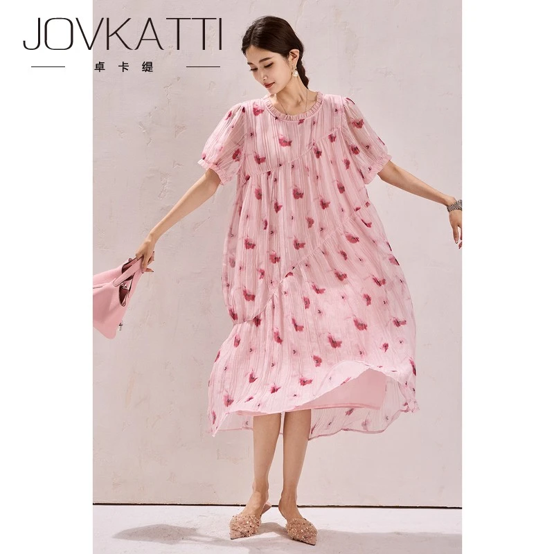 Jovkatti时尚压褶碎花连衣裙女2025年夏季新款雪纺长裙大码女装