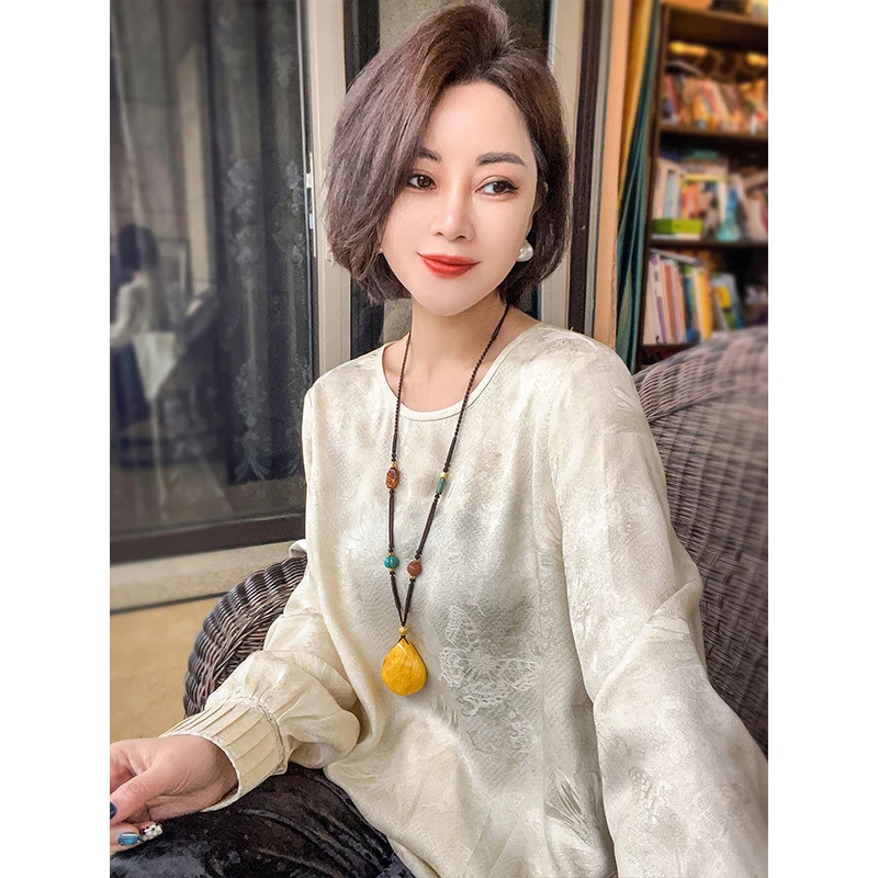 新中式桑蚕丝暗纹刺绣提花衬衫女春季新款宽松上衣25021607