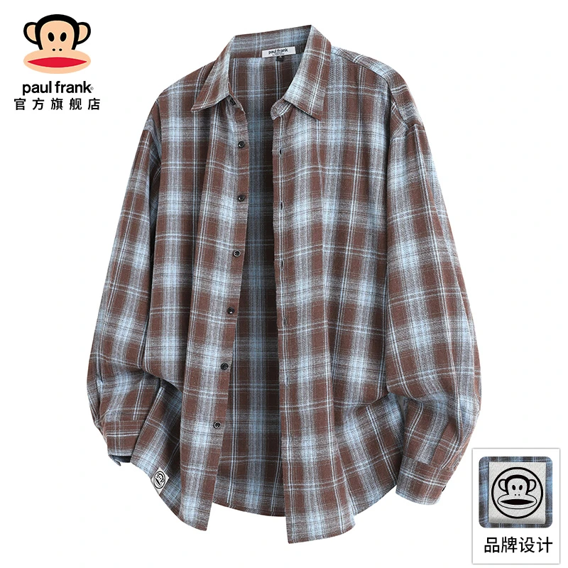 paul frank/大嘴猴潮流复古百搭格纹衬衫男秋冬宽松新款长袖衬衣