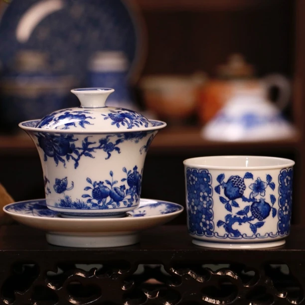 景德镇青言雅玩纯手工手绘青花福寿三多三才盖碗直口杯主人杯茶杯