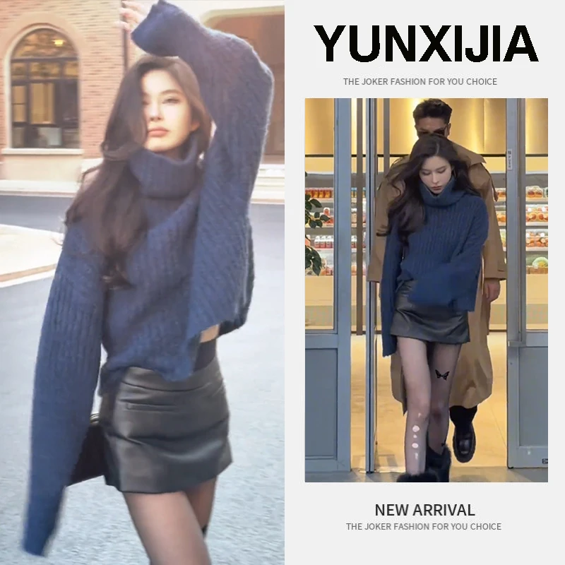 2025秋冬季新款高领套头短款针织毛衣高腰显瘦短裙两件套