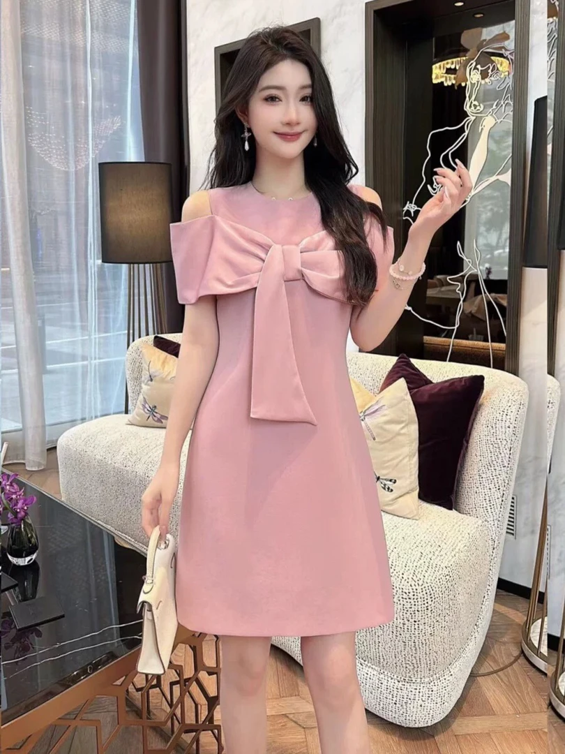 夏季新款法式赫本风蝴蝶结露肩收腰A字气质显瘦连衣裙2123
