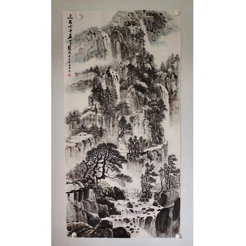 3584  纯手绘老字画《三百六十五个蓝天》中堂  尺寸 137×68