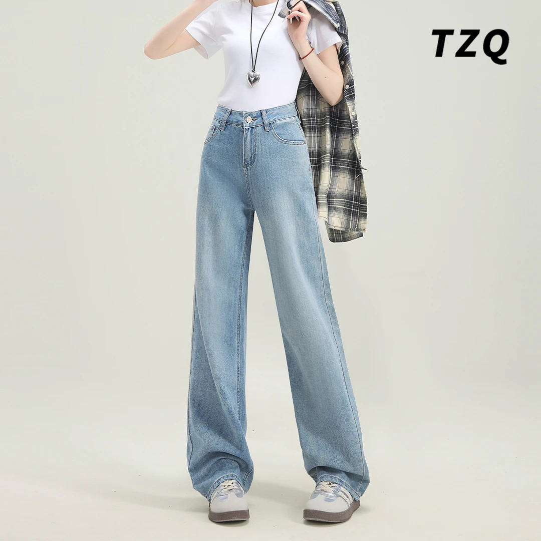 复古浅色直筒牛仔裤女2025春新款宽松垂感高腰阔腿裤TZQ25010232