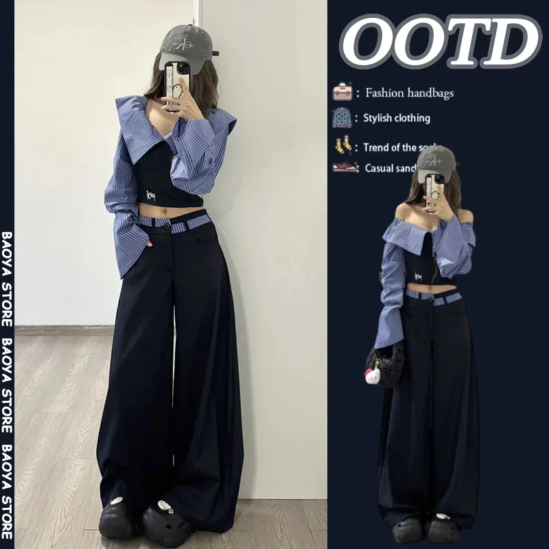 春季穿搭一整套2025新款设计感一字肩上衣高腰休闲阔腿裤两件套装