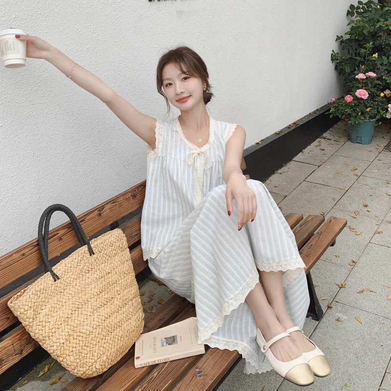 小清新少女感一整套穿搭女2025夏季新款蕾丝花边条纹背心两件套装