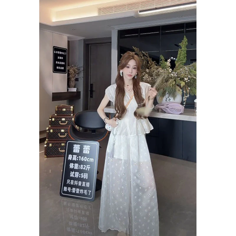 纯欲气质V领短袖蕾丝小衫上衣女夏季新款修身显瘦高腰阔腿裤套装