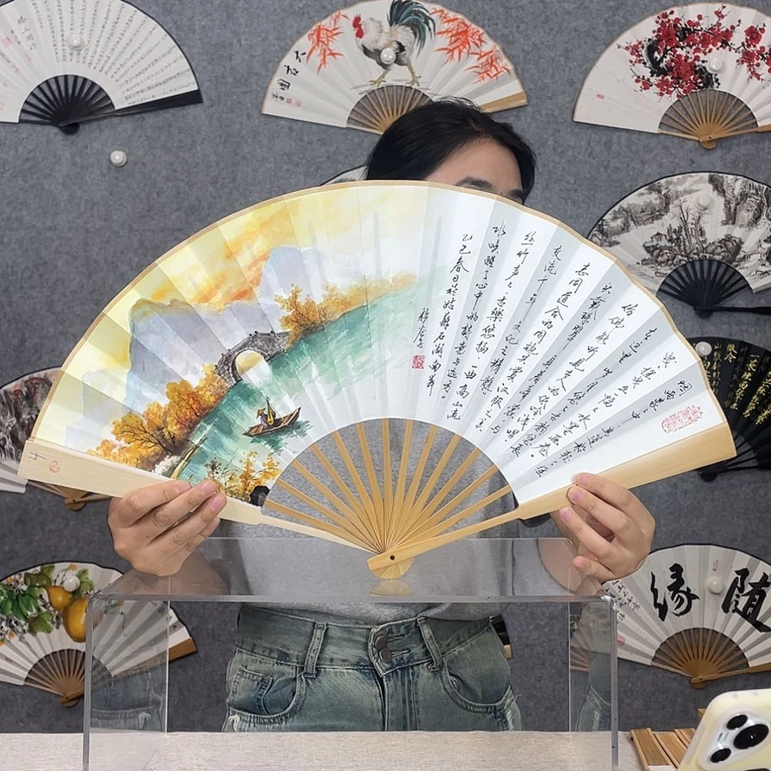 国画10寸水磨玉竹-纯手绘-文玩扇骨（默认粘好）