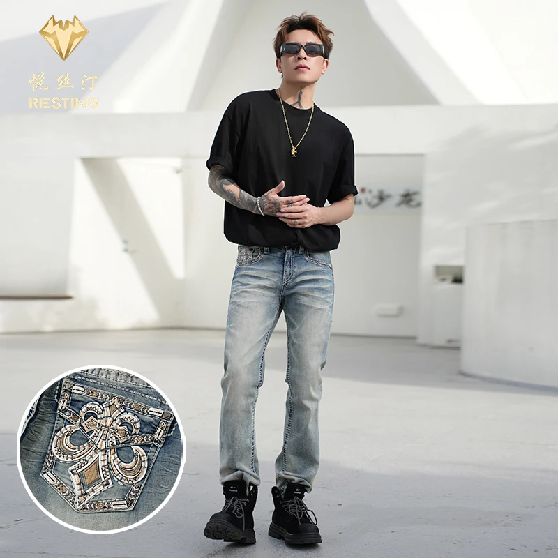 [3D如意]男牛仔裤美式潮流重工刺绣微弹高奢直筒SYX017