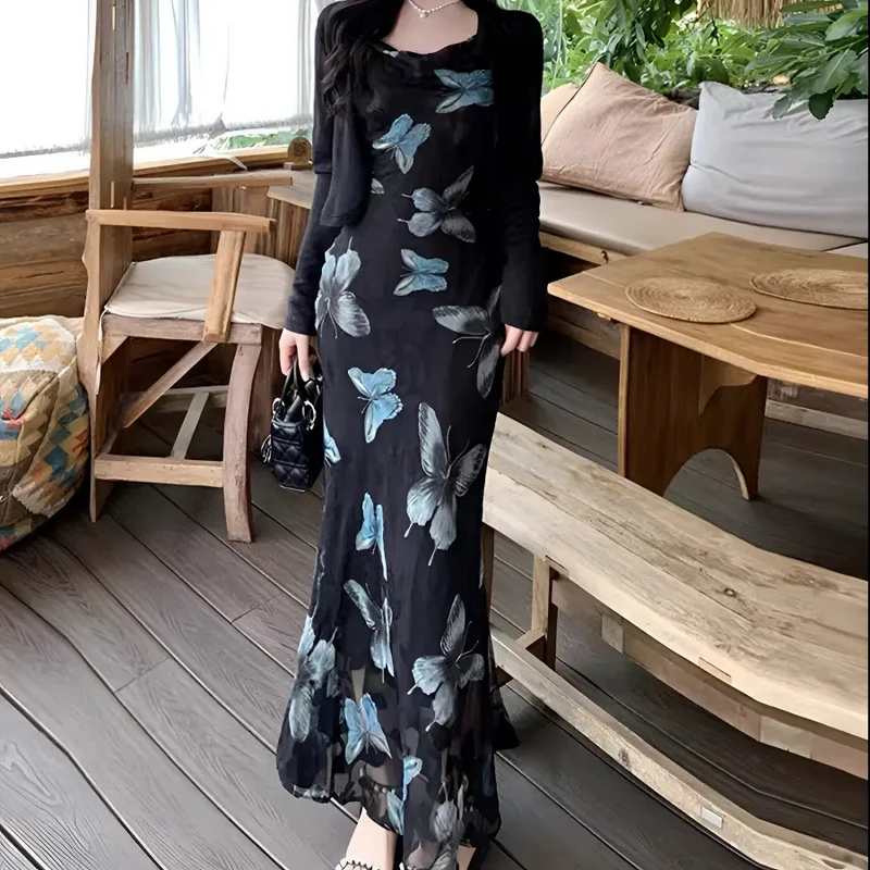 【暗夜蝶语】300斤特大码女装胖mm法式蝴蝶吊带连衣裙显瘦遮肉长裙