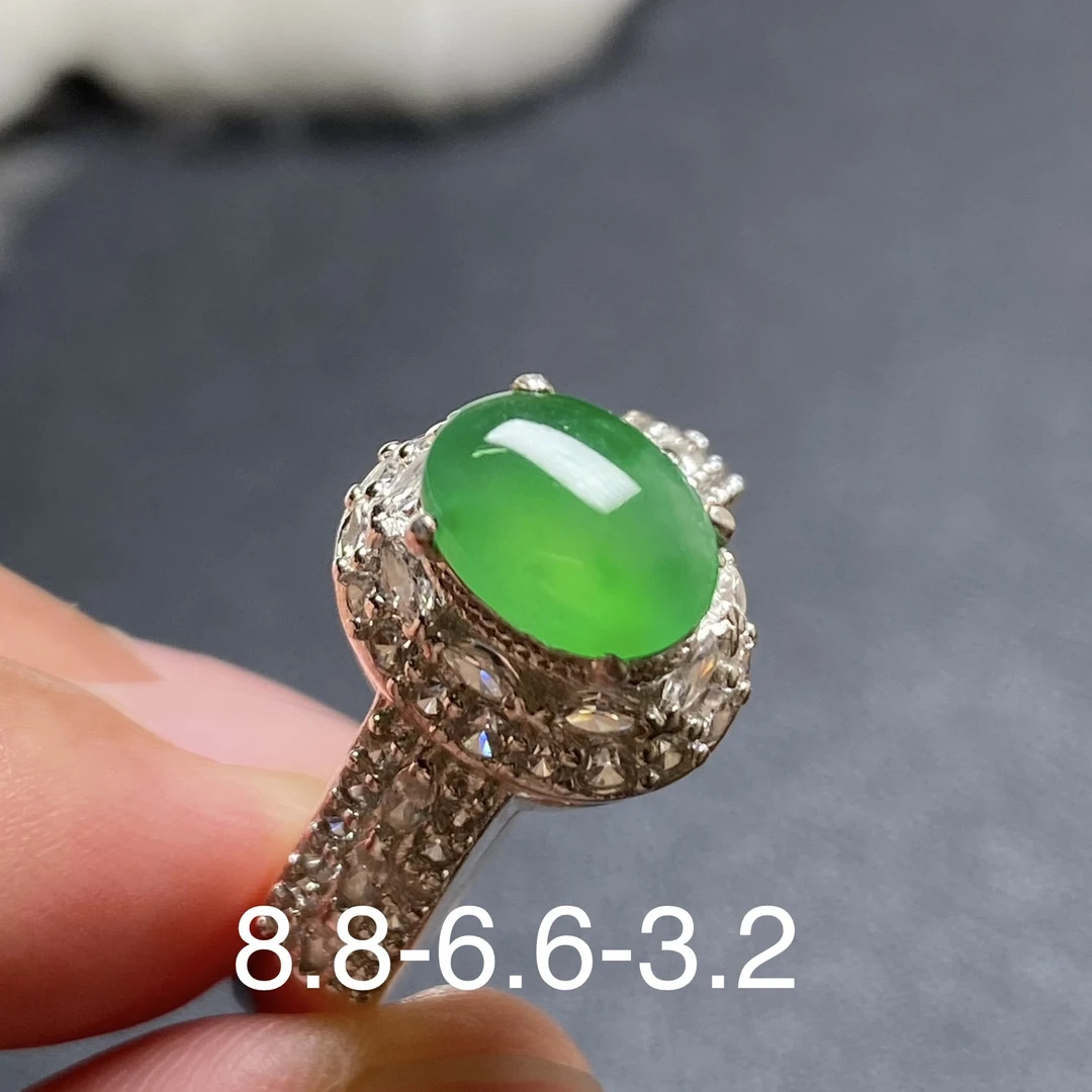 靓！高冰种翡翠甜绿飘阳绿色花缅料蛋面无纹无裂可定制镶嵌