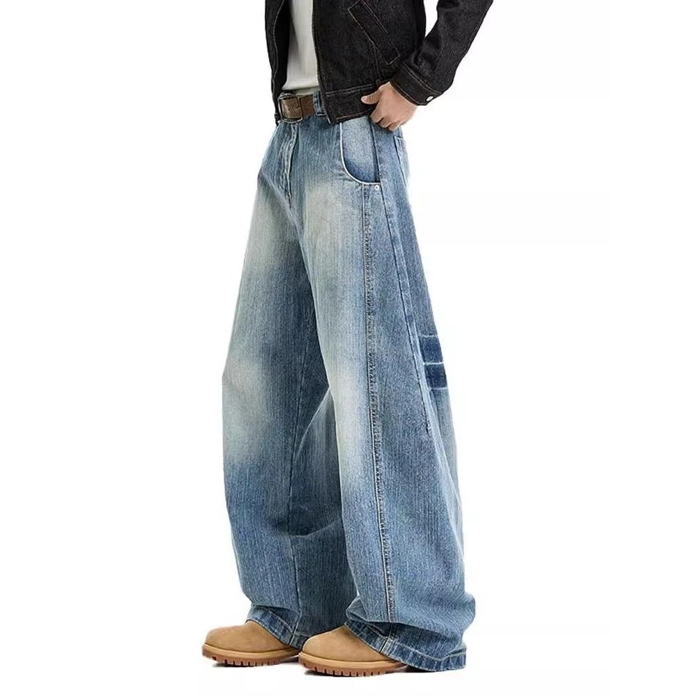 竹节解构宽松弯刀牛仔裤男女美式复古水洗阔腿新款休闲长裤