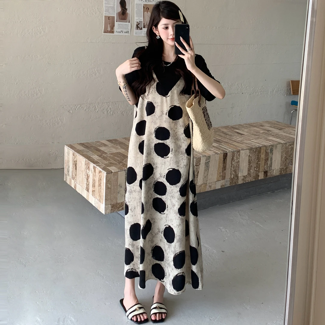 夏季新款复古度假风波点假两件吊带连衣裙显瘦裙子拼接连衣裙气质