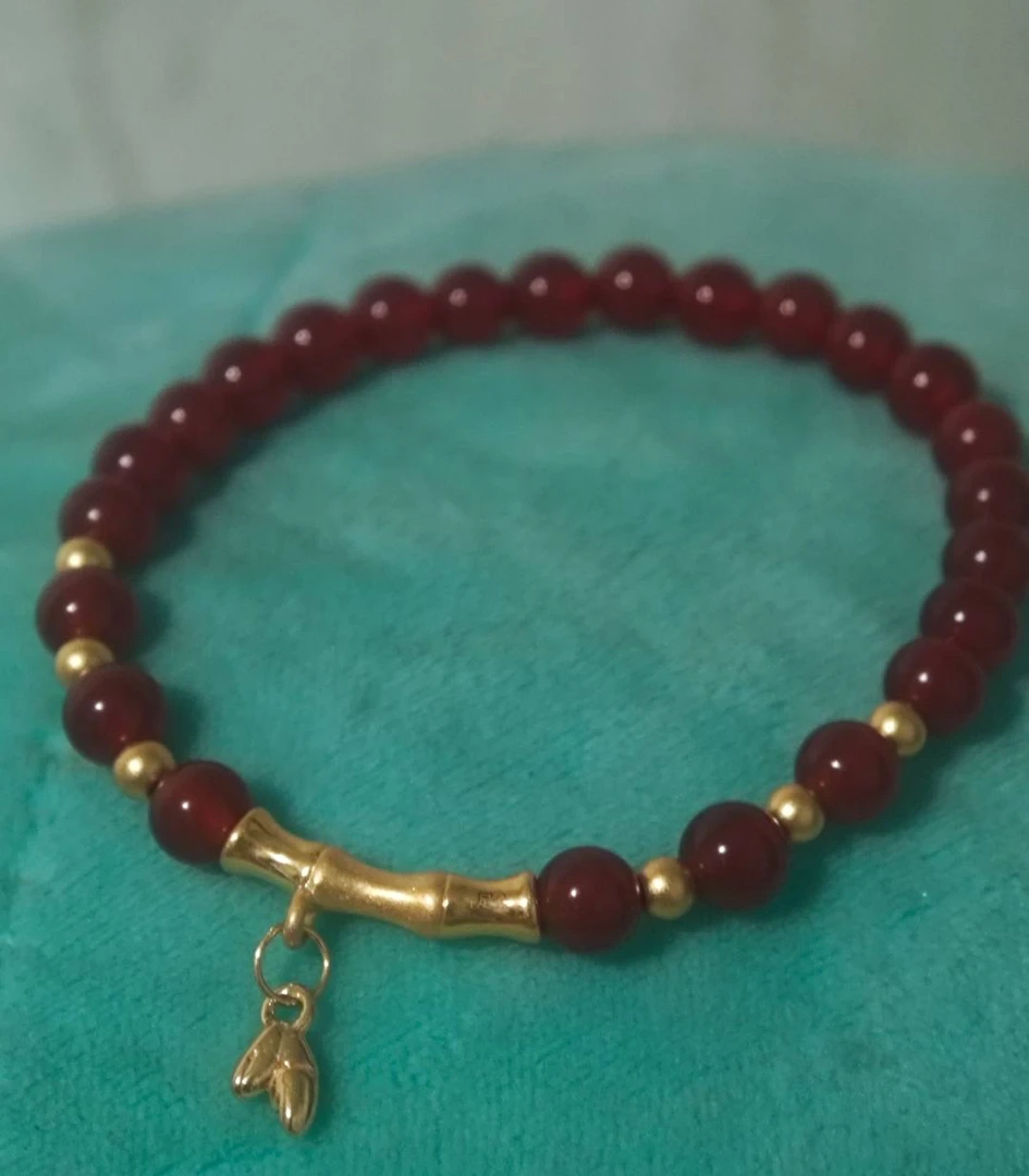 B(003）足金带叶竹节+3.5mm金珠6颗（赠卡六红玛 瑙/玉 髓手串）