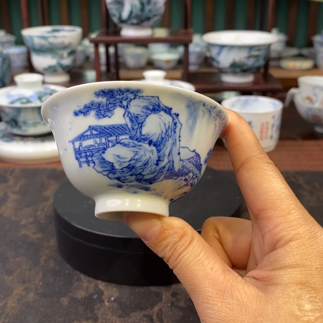 手工陶瓷柴窑青花山水杯