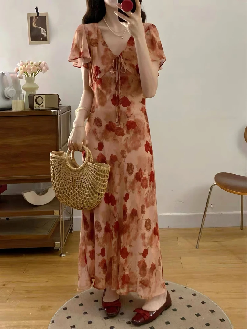 碎花玫瑰法式连衣裙方领夏季千金风港风7083