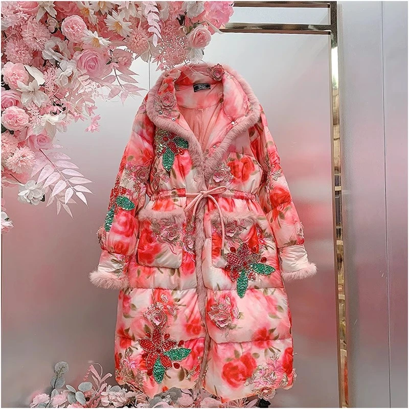 A635欧美设计师2025早春新款重工刺绣亮片花色长款外套女