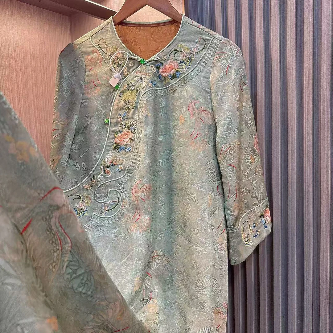 凤羽-中式改良裙子宽松小众高端圆领七分袖提花刺绣连衣裙女